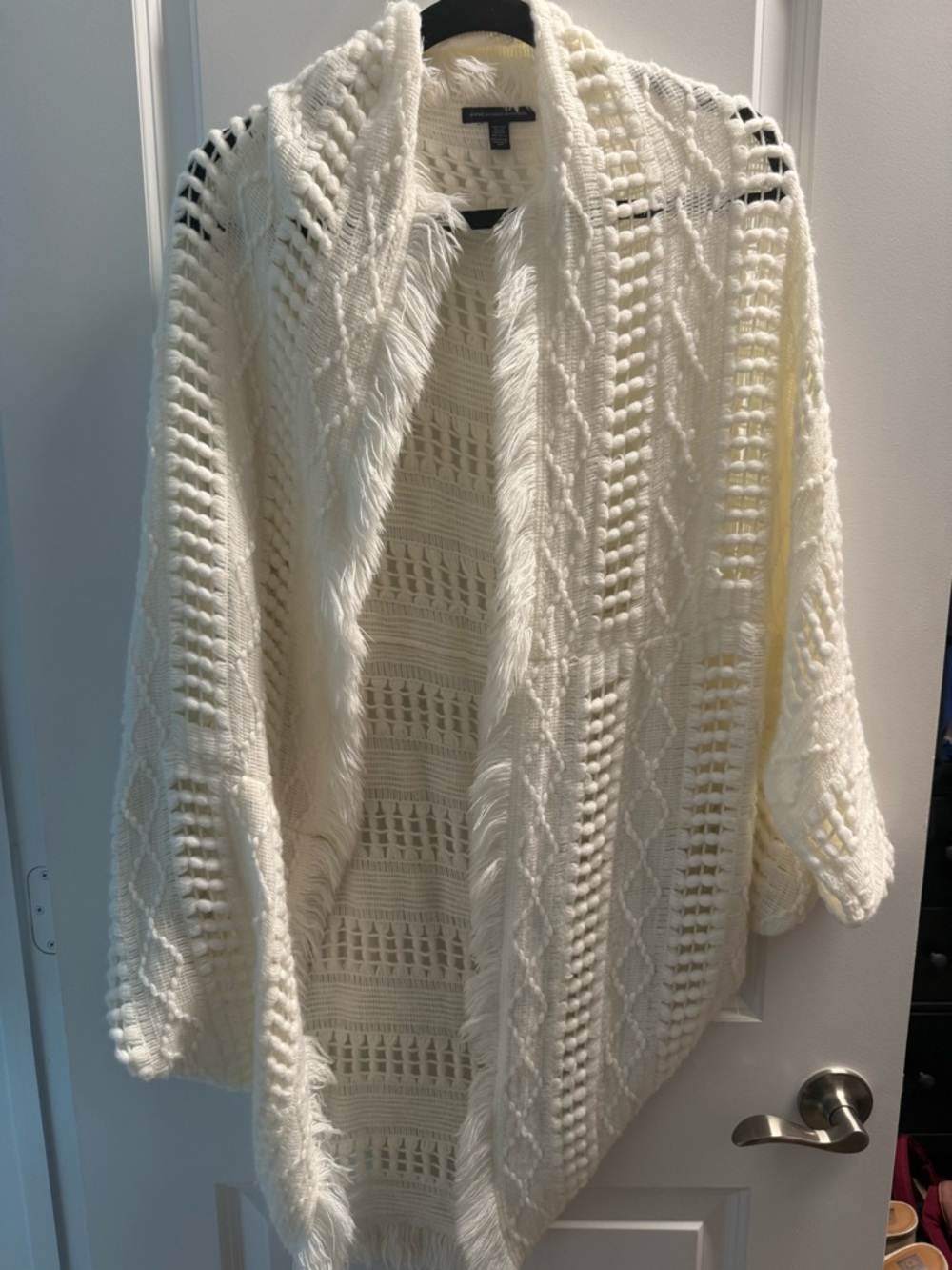 American Eagle Outfitters Cream Open-Knit Fringe Cardigan
